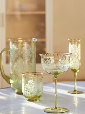 Anthropologie Sinna Matcha Green Wine Glass Set (8 Total) | Gold Rim | NWT